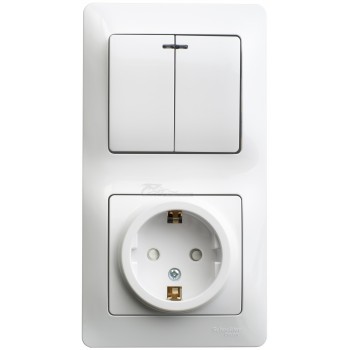 Блок комбинированный (выключатель 2-кл с индикацией+розетка с/з) белый Glossa