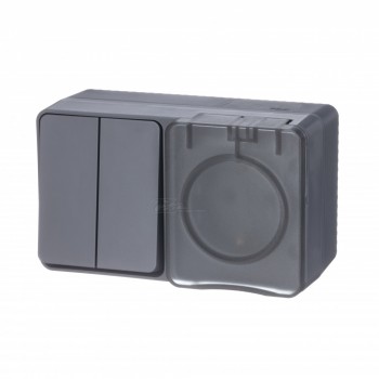 Блок Atlasdesign PROFI Розетка (с/з+шторки 16А) + Выключатель (2кл 10А) антрацит IP54