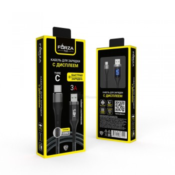 Шнур USB 3A для быстрой зарядки с дисплеем (USB-typeC) 1,2м плетеный FORZA