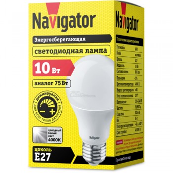 Лампа светодиодная DIM A60 10W E27 220V 4000K Navigator