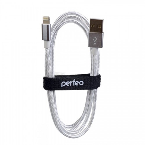Шнур шт. USB A - Lightning 1м Белый в тканевой оплетке Perfeo