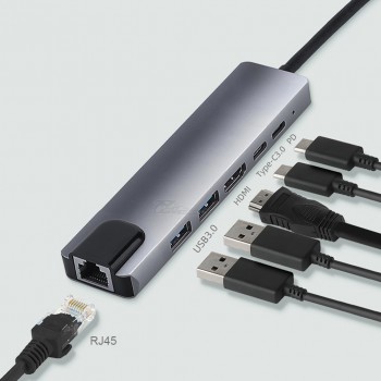 Адаптер 6в1 Type-c - HDMI, RJ45, USB3.0x2, USB-C PD, USB-C