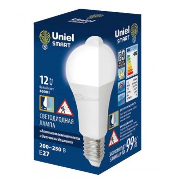 Лампа светодиодная с датчиком освещенности и движения A60 12W 4000K 230V E27 Uniel