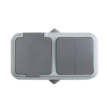 Блок (выключатель 2-клавишный + розетка 1-местная б/з) о/п 16А IP54 REXANT