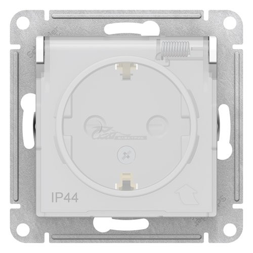Розетка Atlasdesign AQUA 1мест. с/з шторки+крышка белая 16А IP44