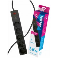 Фильтр сетевой Космос 1,8м 5роз.чёрный 10А 2,2кВт (ПВС 3х0,75) + 2USB 2.1А 5V