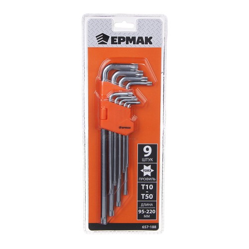 Набор ключей TORX-профиль 9пр Т10-Т50, длина 95-220мм с отверстием Ермак
