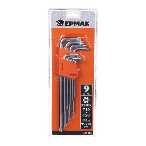 Набор ключей TORX-профиль 9пр Т10-Т50, длина 95-220мм с отверстием Ермак