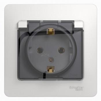 Розетка 1-местная с/з с/п белая в сборе с рамкой + крышка IP20 Glossa