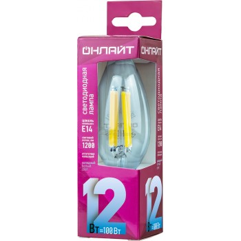 Лампа светодиодная филаментная C35 12W E14 4000K CL 230V Онлайт
