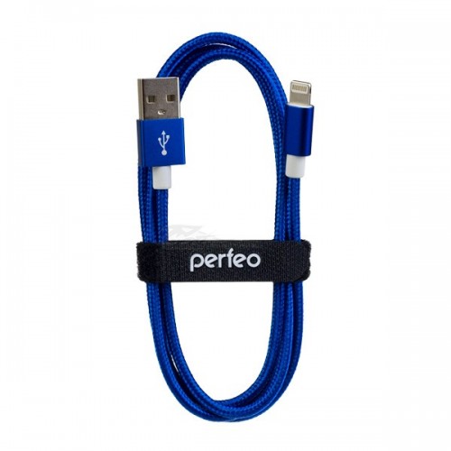 Шнур шт. USB A - Lightning 3м Синий в тканевой оплетке Perfeo