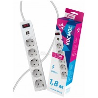 Фильтр сетевой Космос 1,8м 5роз.белый 10А 2,2кВт (ПВС 3х0,75) + 2USB 2.1А 5V