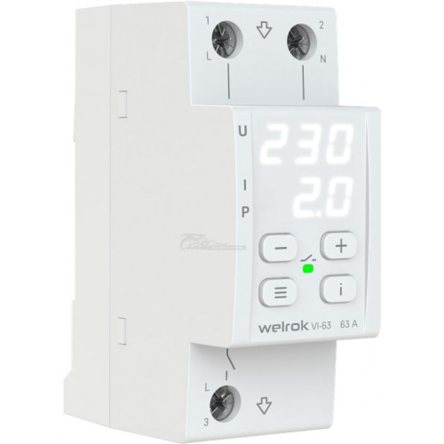 Реле напряжения с контролем тока и мощности VI 63А белый индикатор Welrok