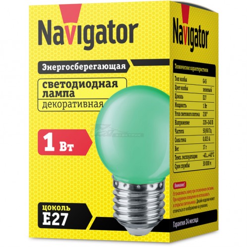 Лампа светодиодная цветная G45 1Вт 230v зеленая E27 Navigator