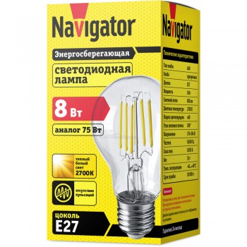 Лампа светодиодная филаментная А60-8W E27 220V 2700K CL Navigator