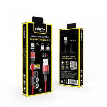 Шнур USB 2,1A для зарядки магнитный (USB-typeC/microUSB/Lightning) 1,0м прорезиненный FORZA