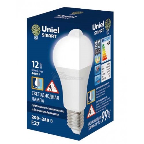 Лампа светодиодная с датчиком освещенности и движения A60 12W 4000K 230V E27 Uniel