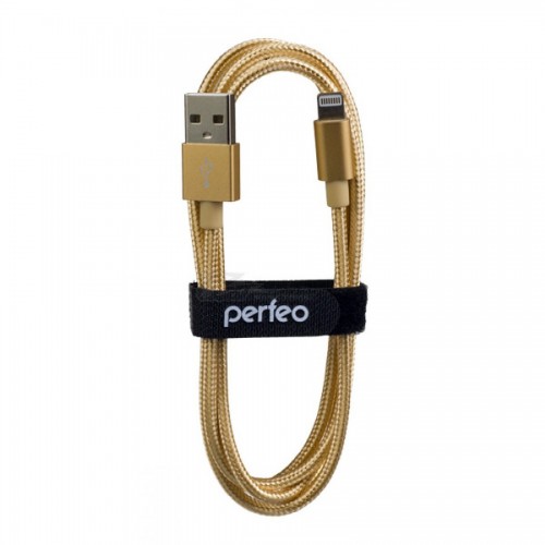 Шнур шт. USB A - Lightning 1м Золотой в тканевой оплетке Perfeo