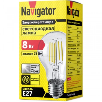 Лампа светодиодная филаментная А60-8W E27 220V 4000K CL Navigator