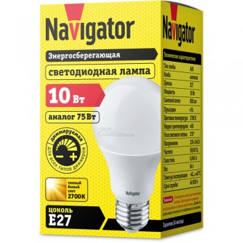 Лампа светодиодная DIM A60 10W E27 220V 2700K Navigator