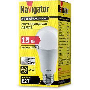 Лампа светодиодная Navigator A60-15W E27 220V 4000K