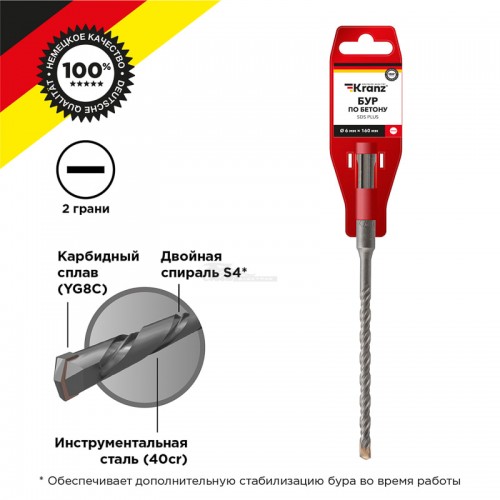 Бур по бетону 6x160мм SDS PLUS Kranz